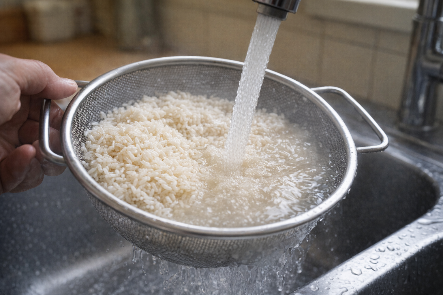 A close-up, slightly angled shot of uncooked white rice being rinsed in a stainless steel fine-mesh sieve under a running faucet, showcasing the cloudy water being washed away